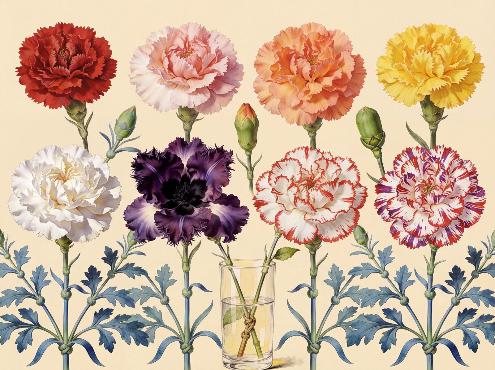 Immerse yourself in a vibrant array of carnations, from crimson to apricot and purple. Made to order.