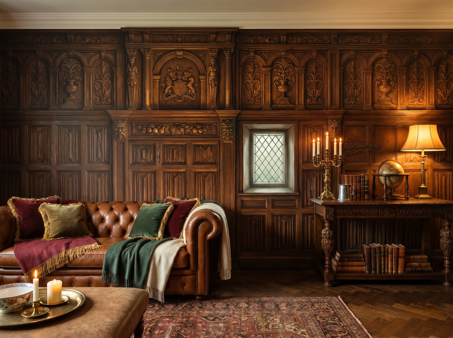 Carved Oak Panels scenic wallpaper mural on the feature wall of a traditional study, in a warm brown-and-taupe palette — The Wall Shawl.