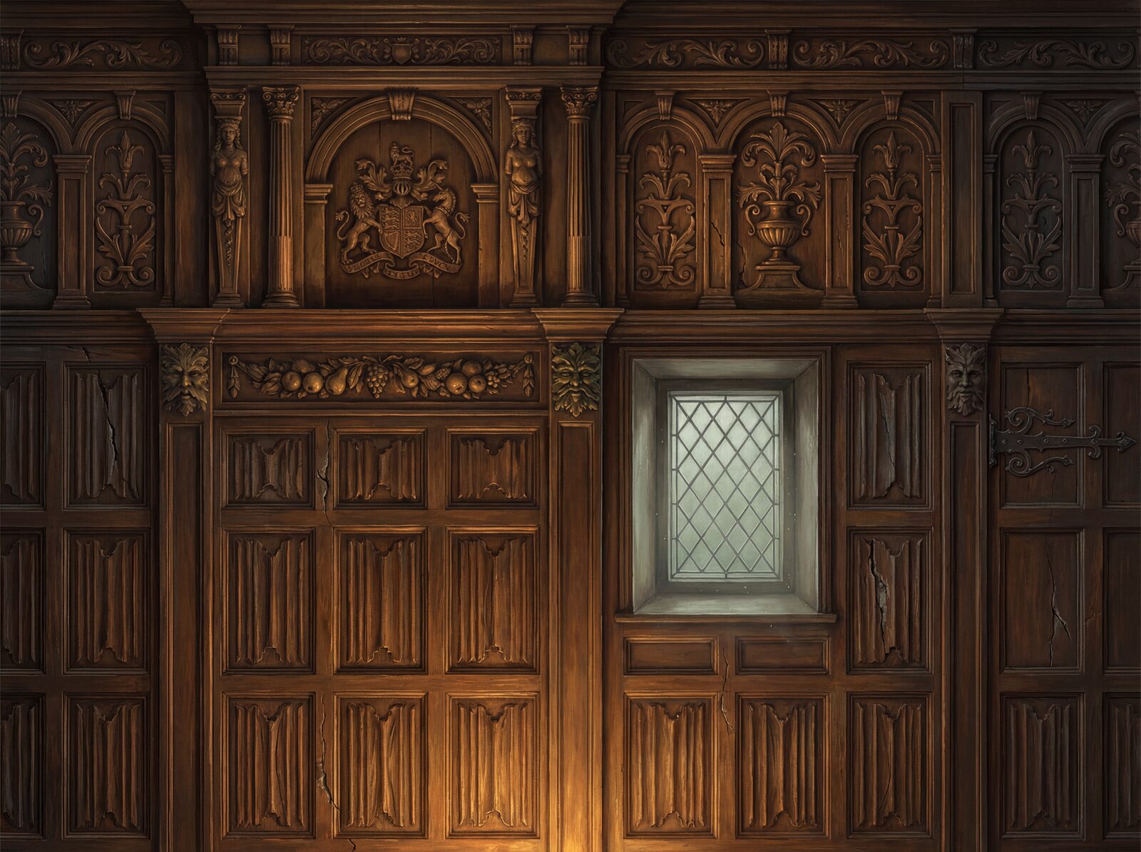 Immerse yourself in a Jacobean manor with this dark, warm oak panel mural. Rich browns and deep shadows. Made to order.