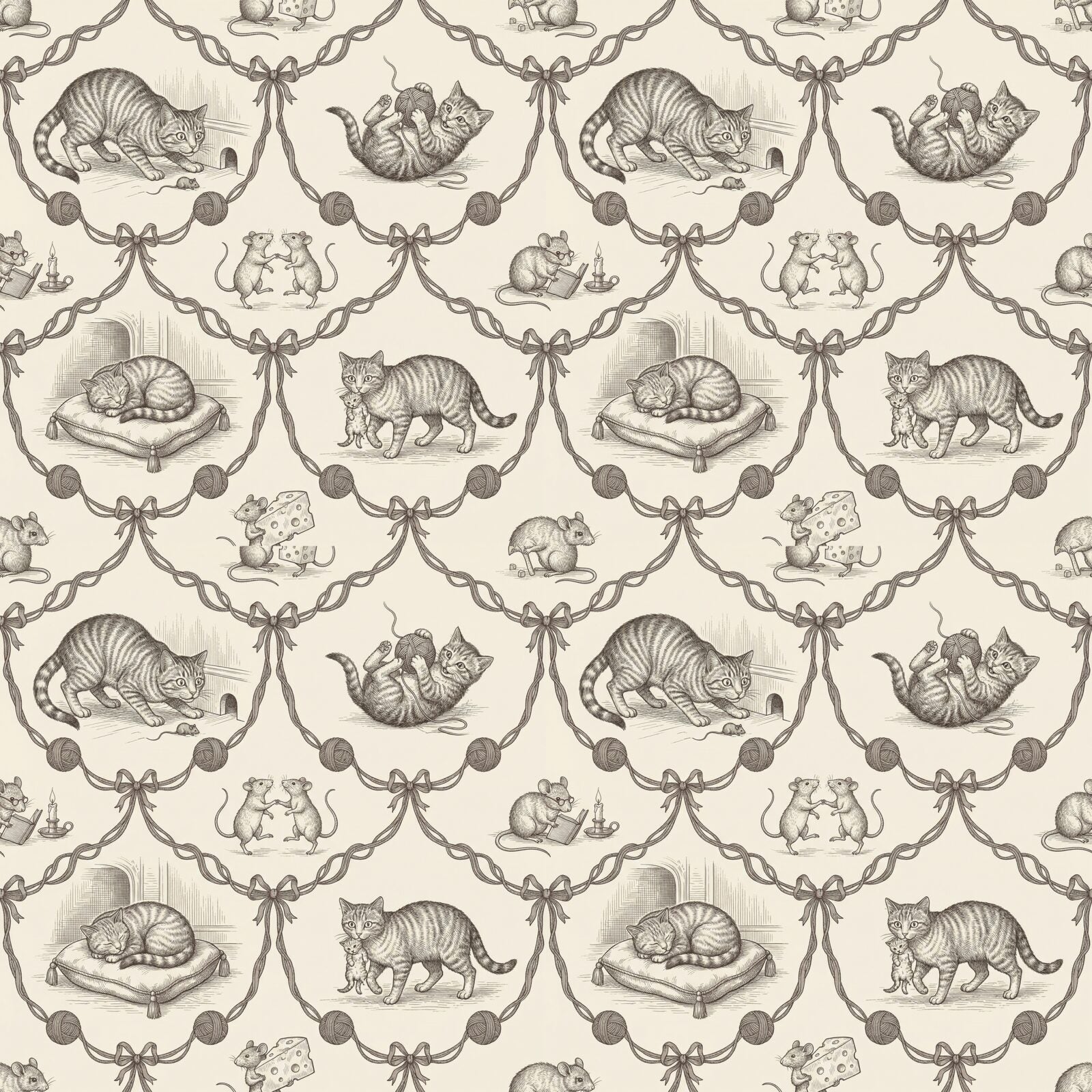 Discover Cat and Mouse Toile mural wallpaper. A playful narrative in French Cream, Warm Grey Deep, and Mid. Made to order.