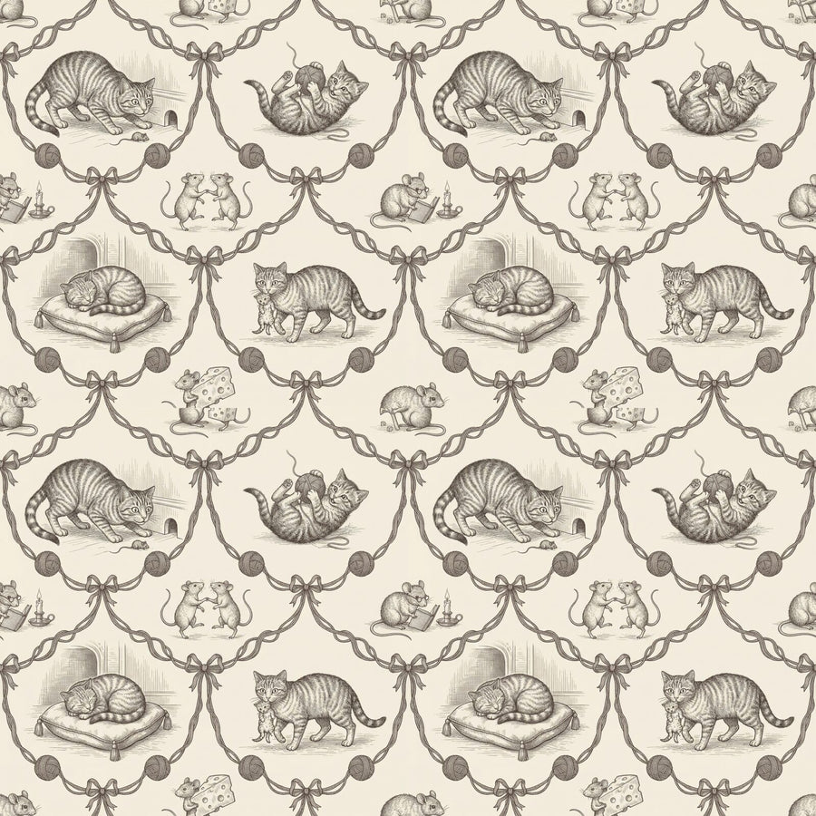 Discover Cat and Mouse Toile mural wallpaper. A playful narrative in French Cream, Warm Grey Deep, and Mid. Made to order.