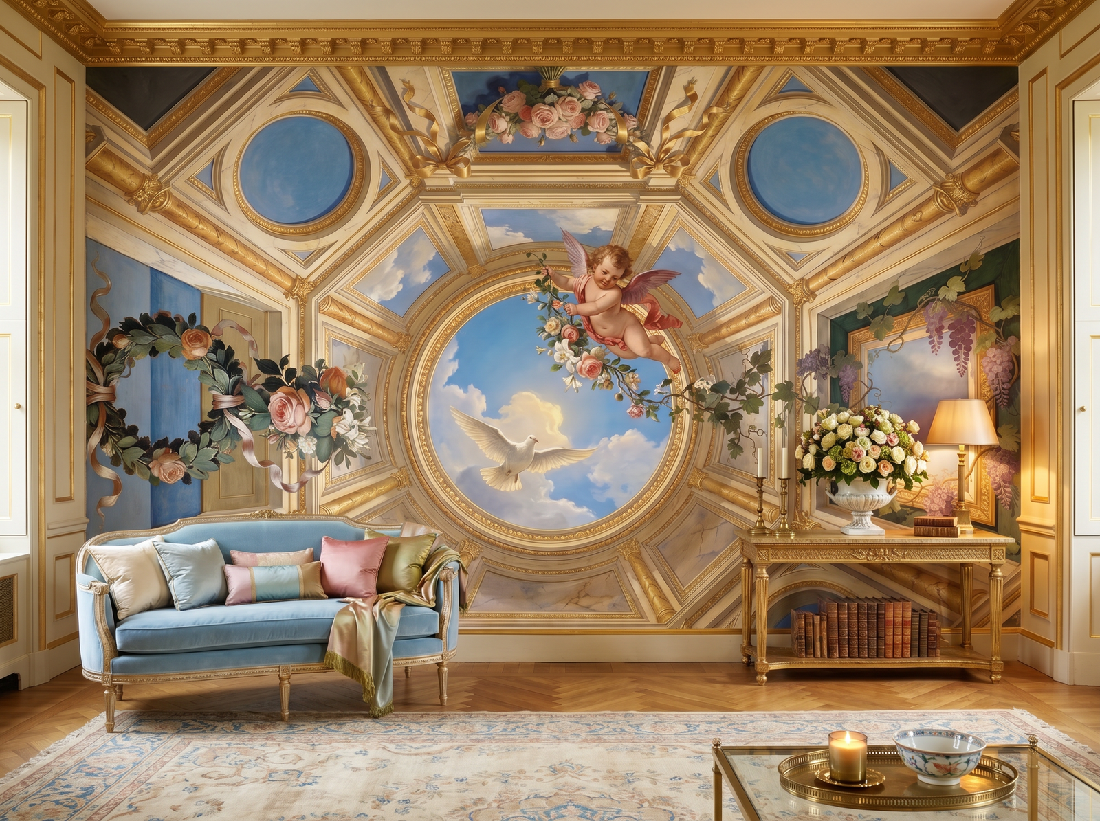 Ceiling Vault wallpaper mural styled in a Hollywood Regency Cloakroom / WC, Floral, Purples palette.