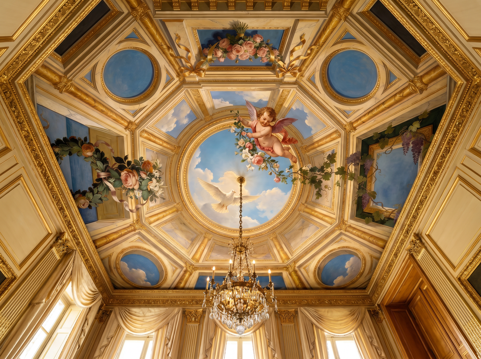 Ceiling Vault scenic wallpaper mural on the feature wall of a Hollywood-Regency cloakroom wc_ccaf4988 705e 4ef1 b322 2ff5c4d910c2, in a deep purple palette — The Wall Shawl.