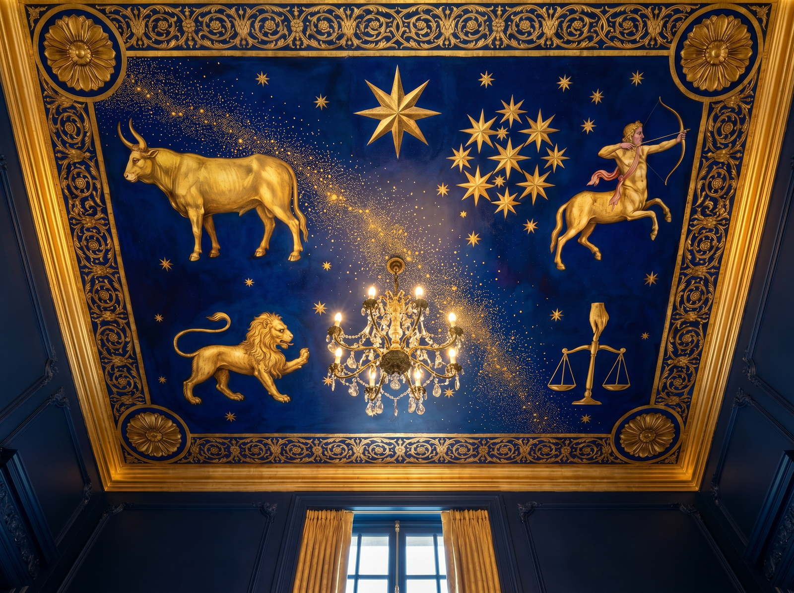 Celestial Ceiling wallpaper mural styled in a Maximalist Dining Room, Botanical, Black / Charcoal palette.