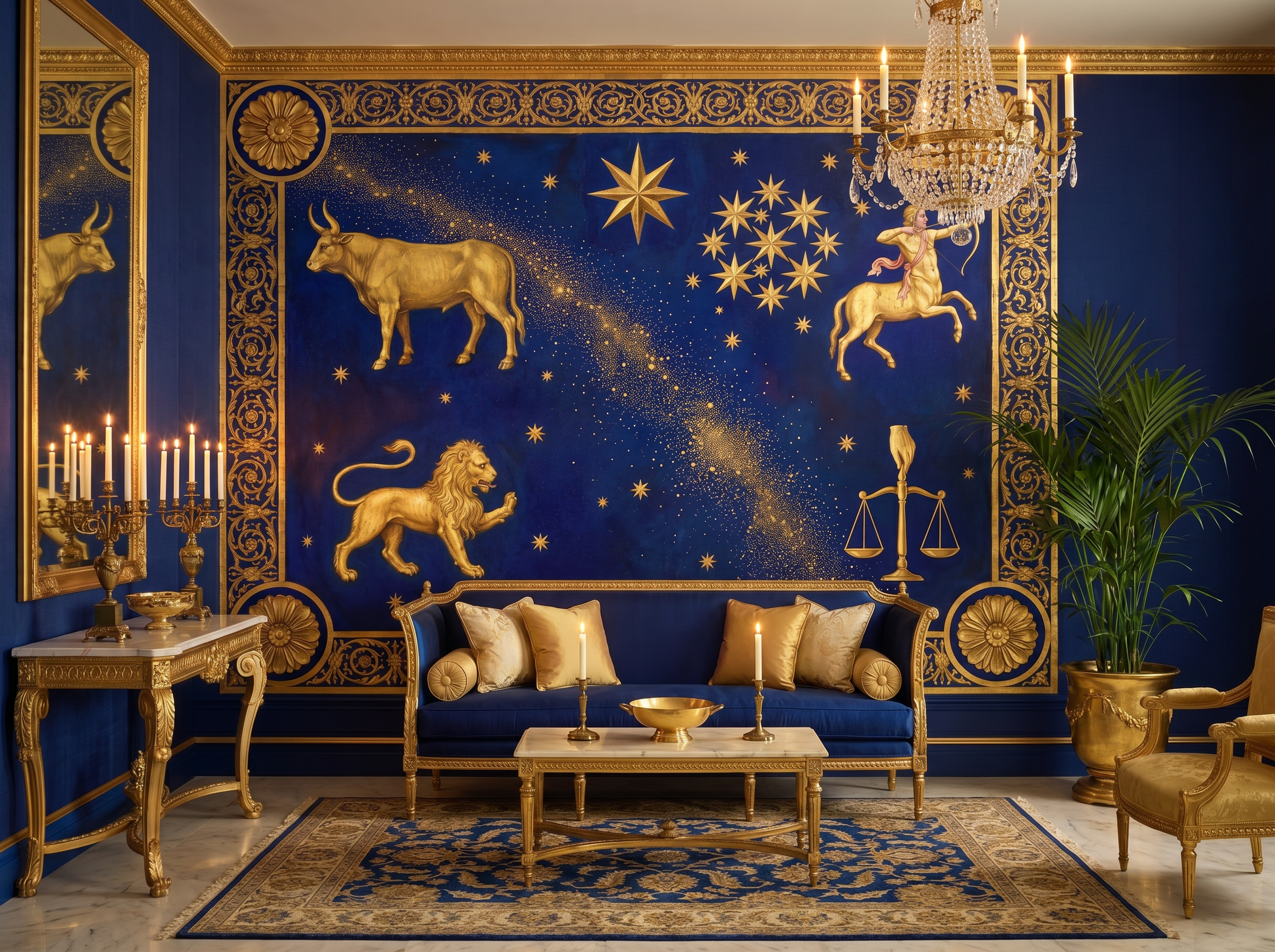 Celestial Ceiling scenic wallpaper mural on the feature wall of a maximalist dining room_425ea569 0f4c 42f8 b721 eeb18262a6f0, in a moody black-and-charcoal palette — The Wall Shawl.