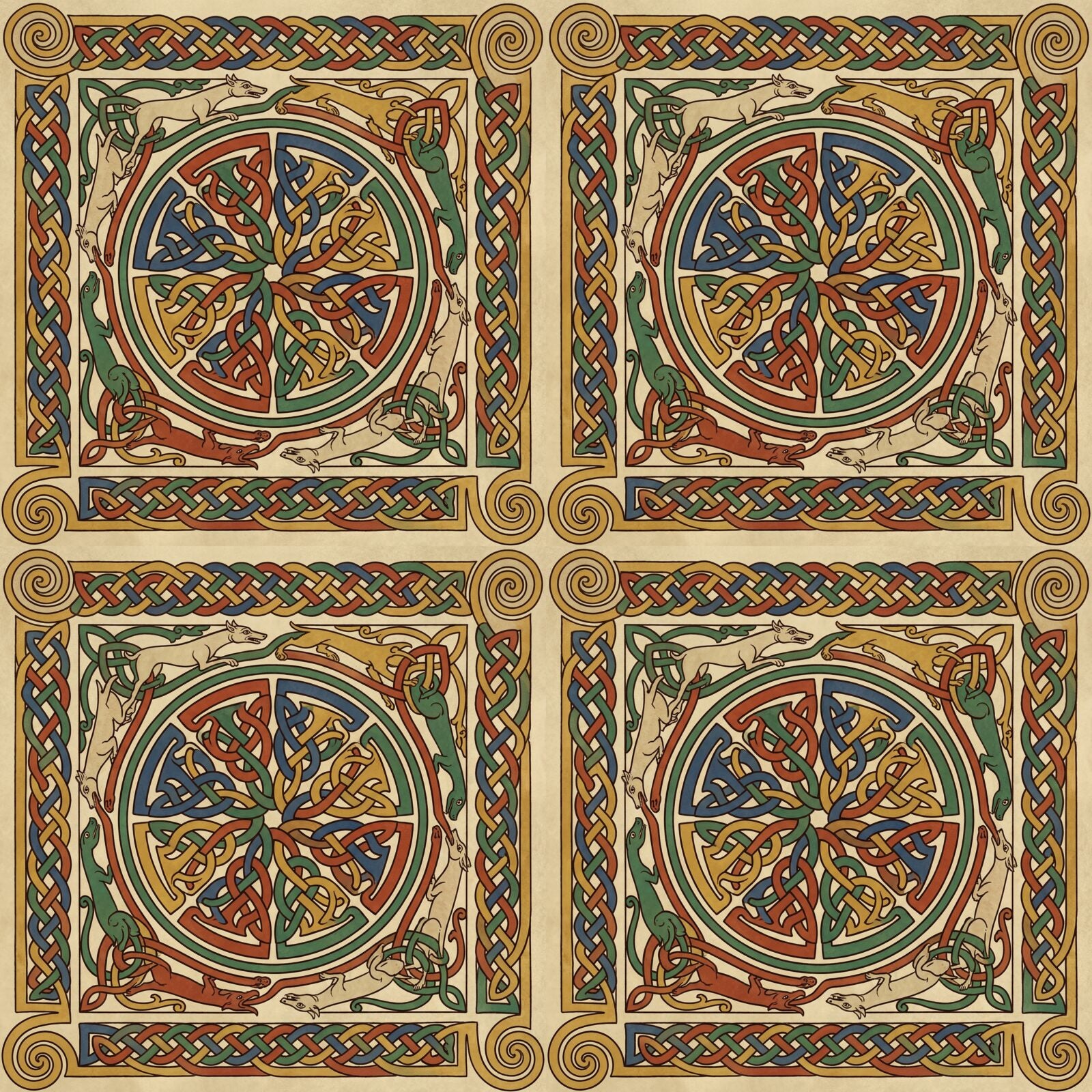 Immerse yourself in ancient Celtic artistry. This mural features intricate knotwork in vellum, red, green, blue & gold. Made to order.
