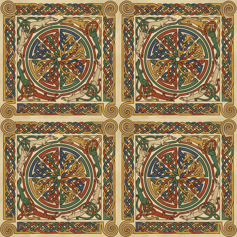 Immerse yourself in ancient Celtic artistry. This mural features intricate knotwork in vellum, red, green, blue & gold. Made to order.