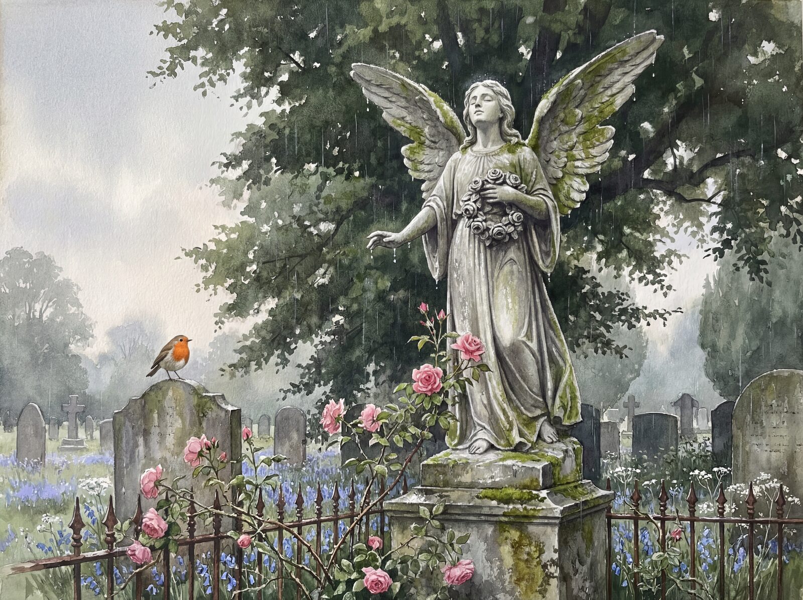 Victorian cemetery scene with marble angel, moss, and wildflowers in Wet Marble Grey, Cemetery Green, and Rose Pink. Made to order.