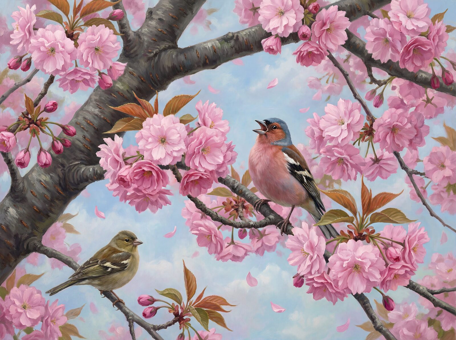 Experience spring's exuberance with a male chaffinch singing amidst a cloud of pink cherry blossom. Rose, slate, chestnut, and spring green hues. Made to order.