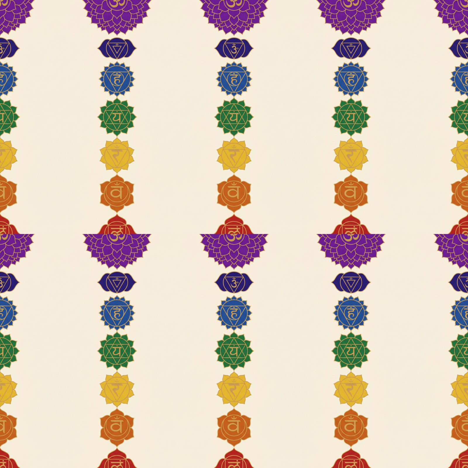 Ascend through the luminous spectrum of the chakras with this vibrant, balanced mural wallpaper. Root Red to Crown Violet. Made to order.