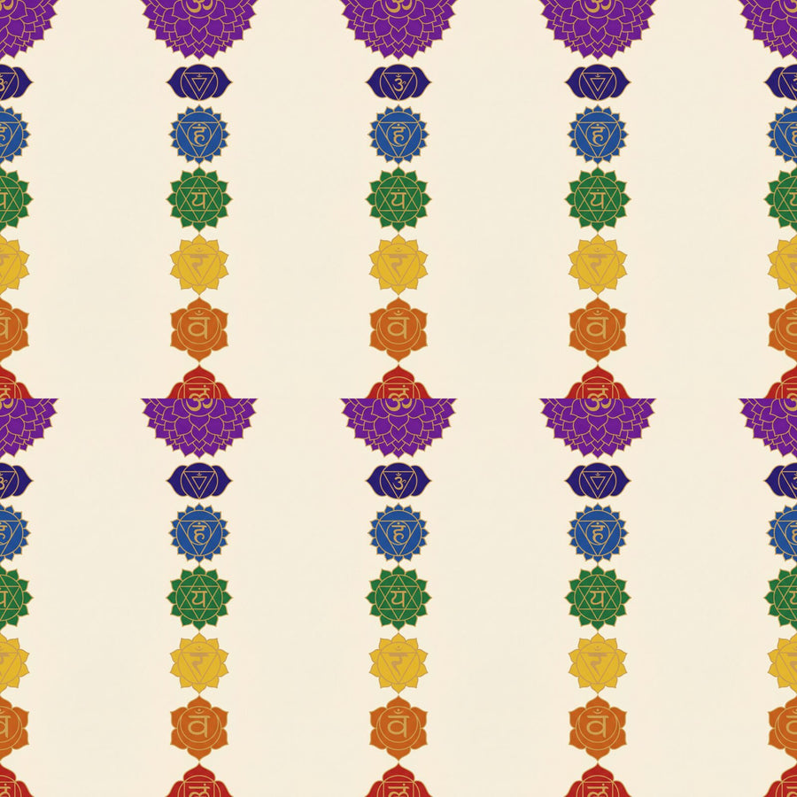 Ascend through the luminous spectrum of the chakras with this vibrant, balanced mural wallpaper. Root Red to Crown Violet. Made to order.