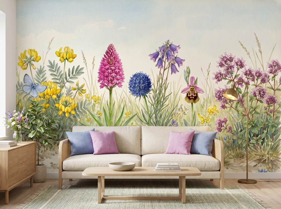 Chalk Downland scenic wallpaper mural on the feature wall of an English-country bathroom, in a cool blue palette — The Wall Shawl.