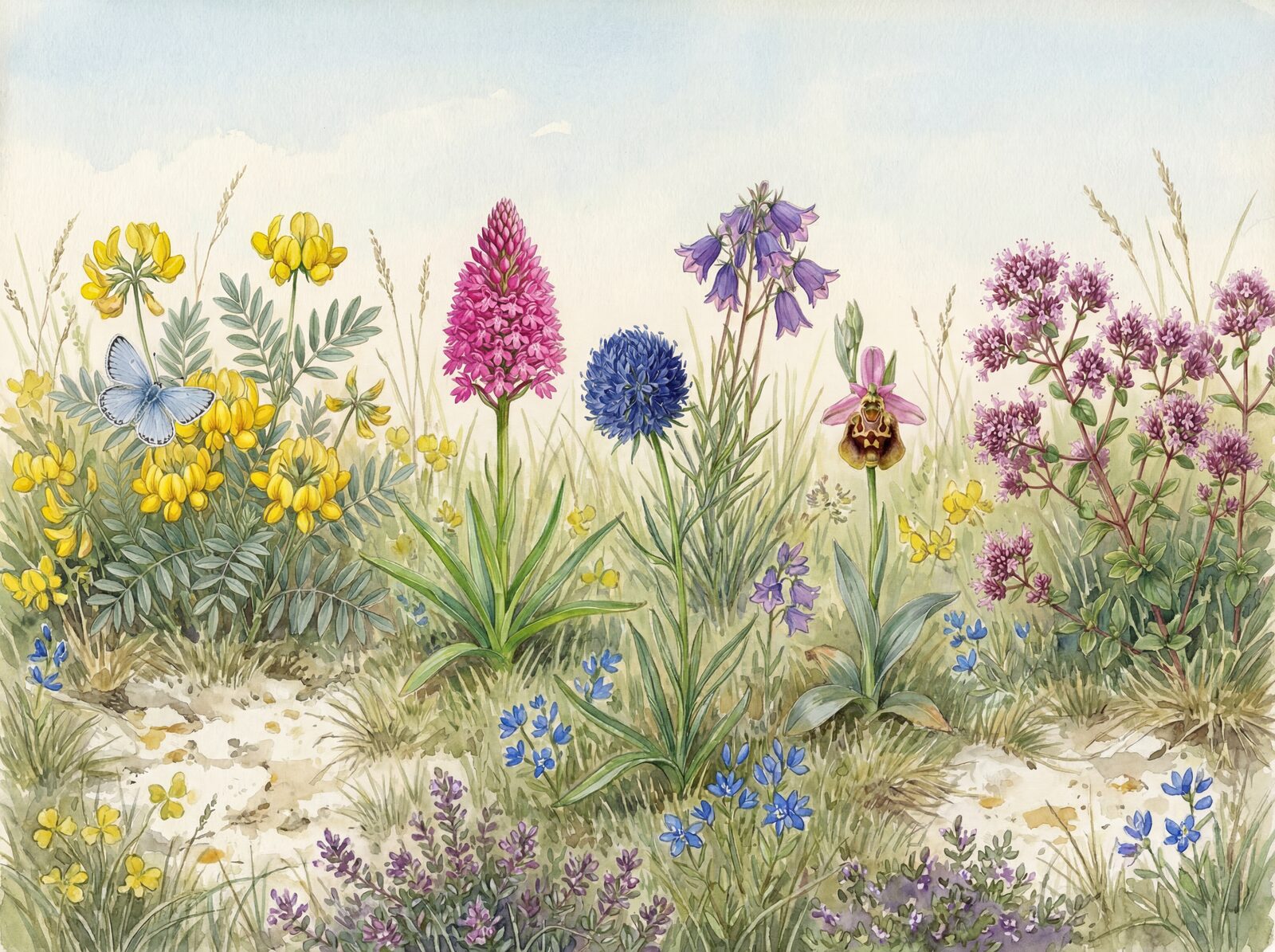 Scenic mural wallpaper featuring orchids, thyme, and vetch in a palette of Orchid Pink, Thyme Purple, and Vetch Yellow. Made to order.