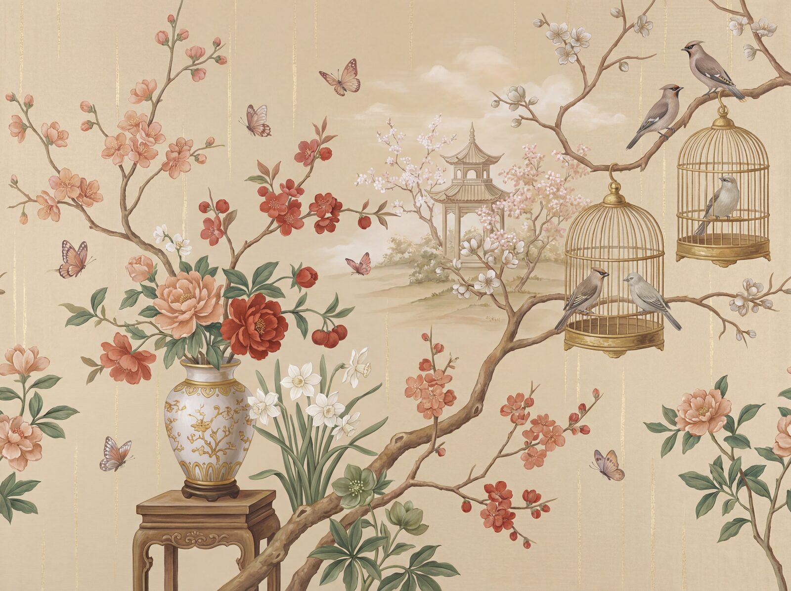Refined mural wallpaper in champagne, taupe, and rose hues. Made to order.