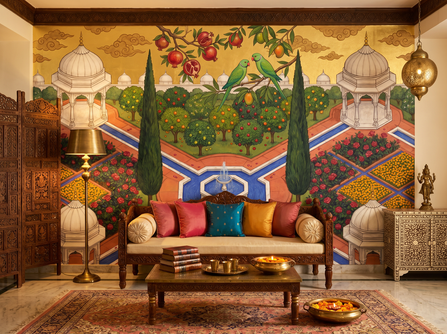 Char Bagh Paradise scenic wallpaper mural on the feature wall of an eclectic dining room, in a soft grey palette — The Wall Shawl.