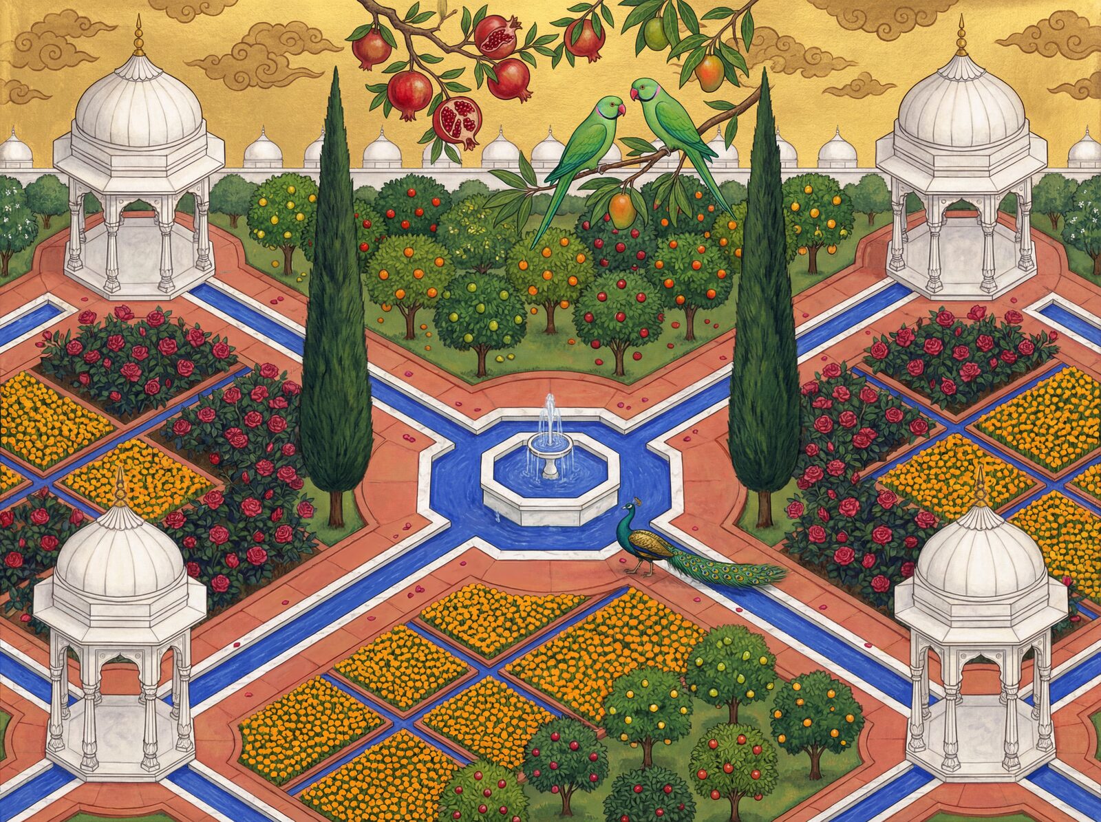 Mughal garden mural with Sandstone Gold, Canal Marble, and Rose Garden hues. Made to order.