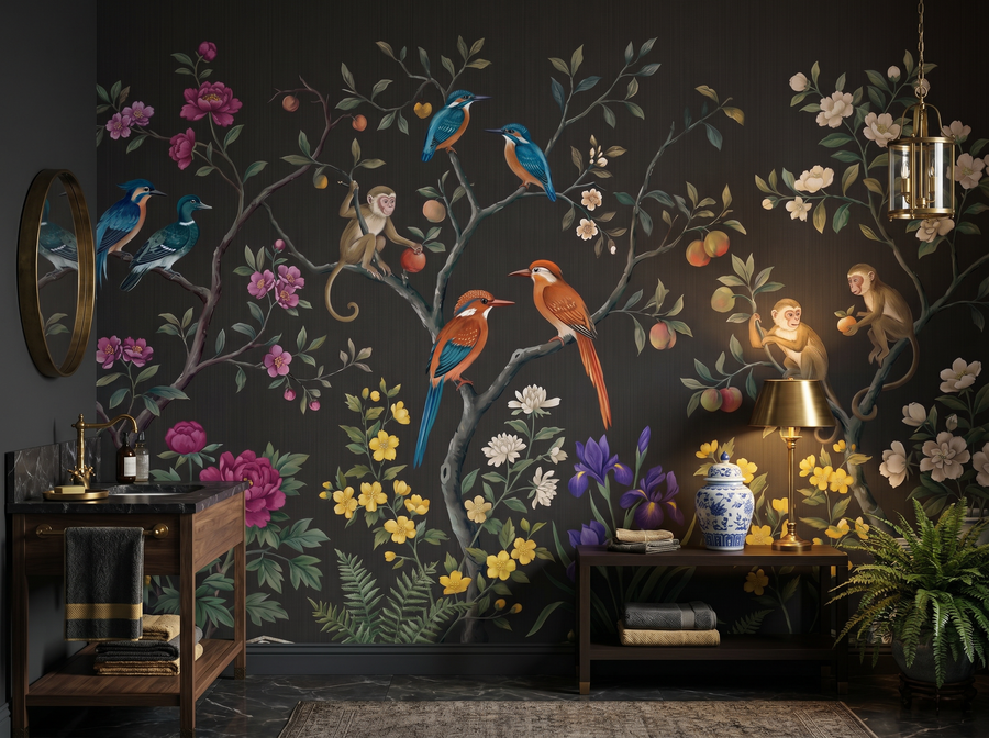 Charcoal Chinoiserie scenic wallpaper mural on the feature wall of a chinoiserie living room, in a cool blue palette — The Wall Shawl.