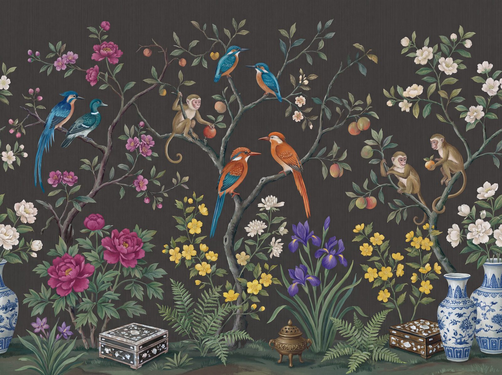 Vivid heritage mural with charcoal, orange, and blue hues. Made to order.