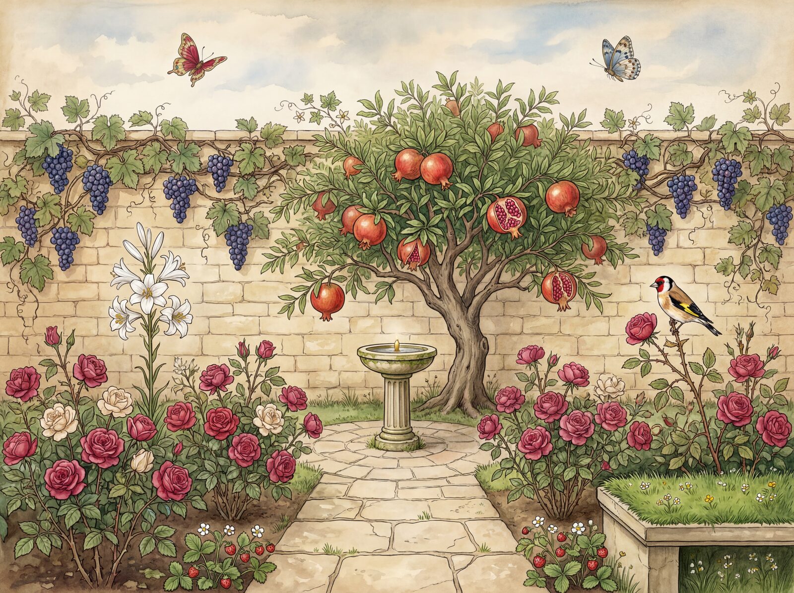 Immersive medieval garden scene with Kelmscott Black, Vellum Ground, and Rose Medieval hues. Made to order.