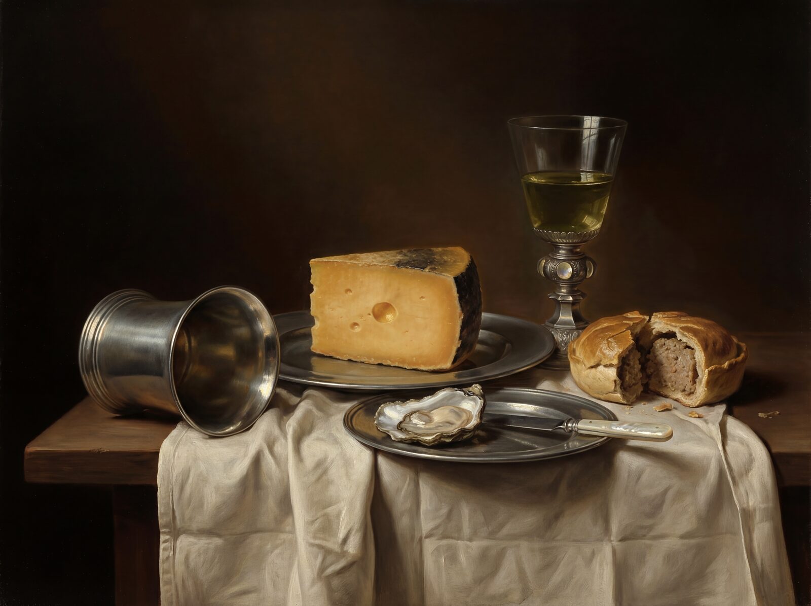 An exquisite Dutch Golden Age still life mural, rendered in profound darks, pewter, and warm cheese golds. Made to order.
