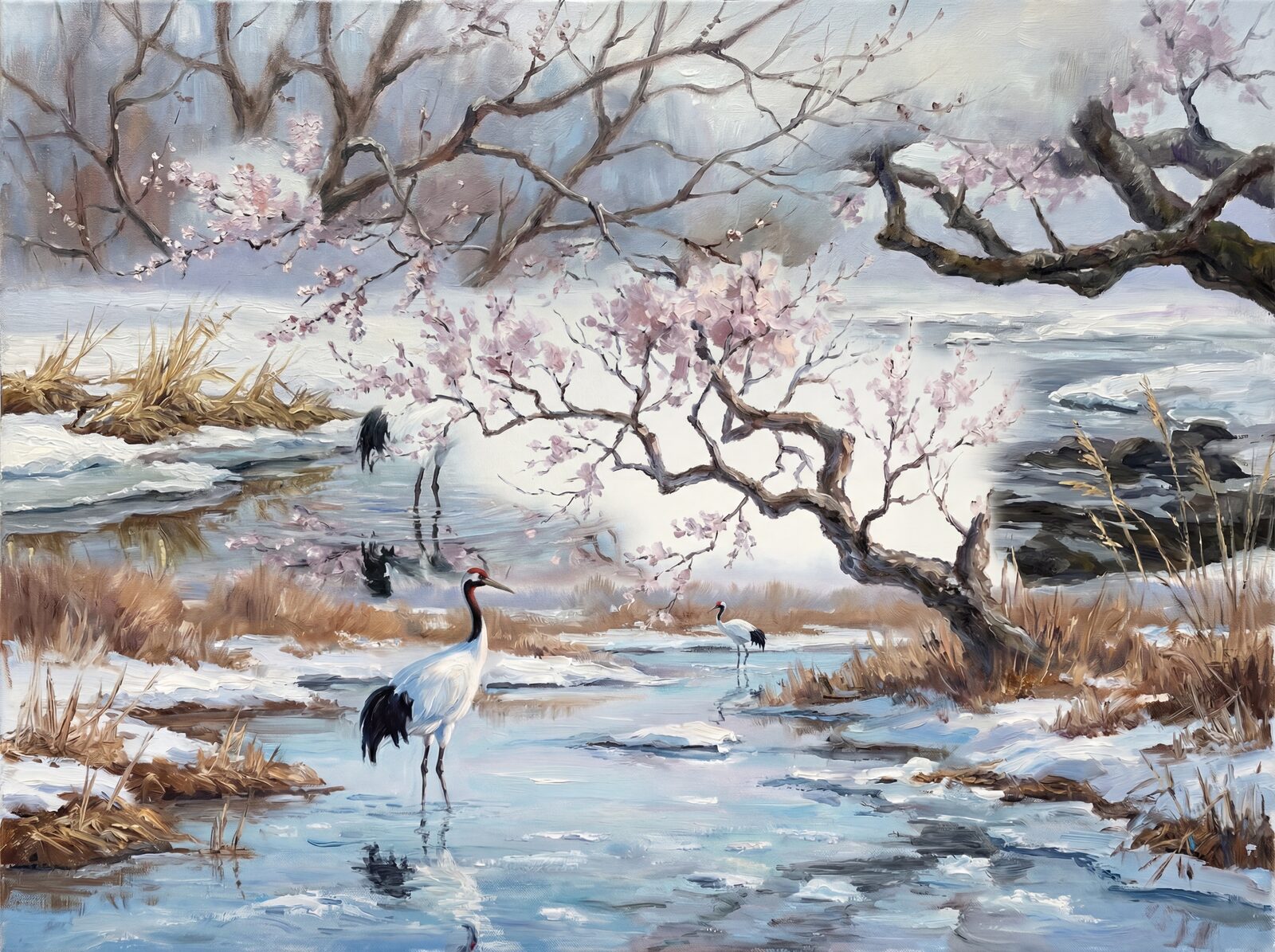 Mural wallpaper featuring a red-crowned crane and cherry blossom in Crane White, Crown Red, and Wing Black. Made to order.
