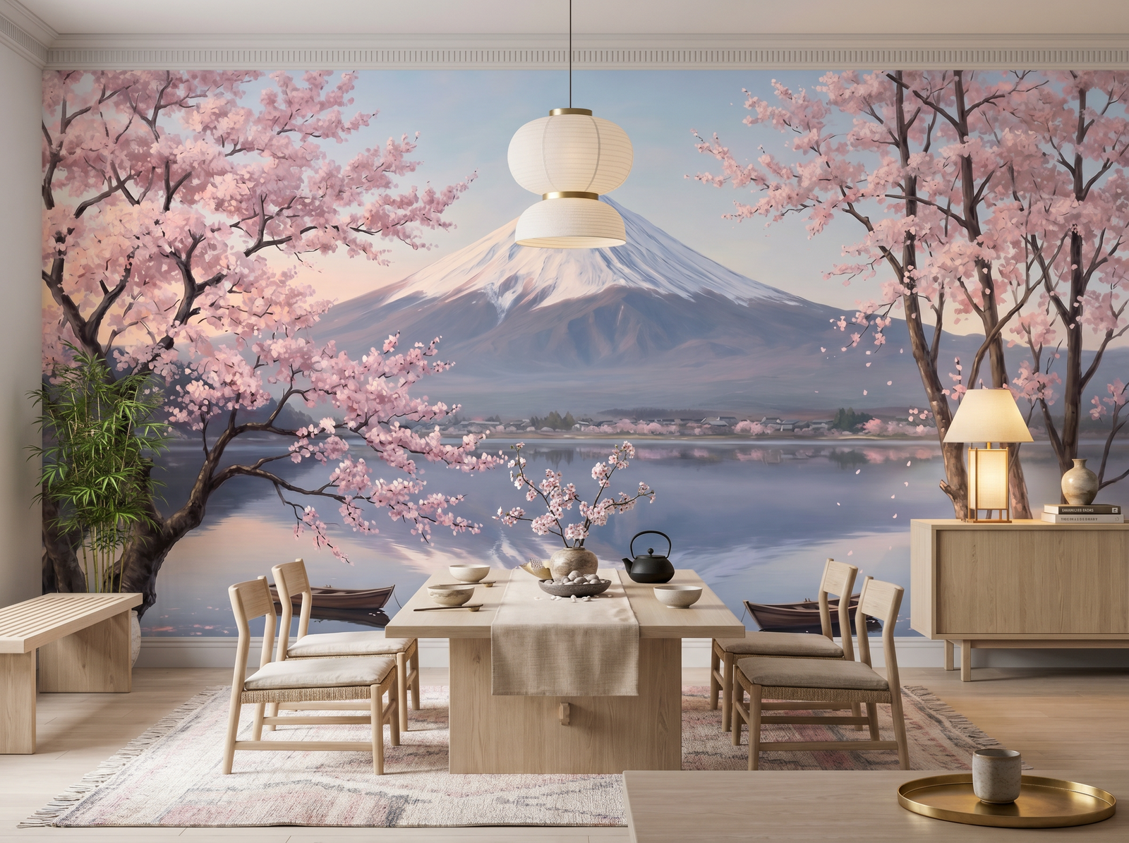 Cherry and Fuji scenic wallpaper mural on the feature wall of a chinoiserie bedroom, in a cool blue palette — The Wall Shawl.