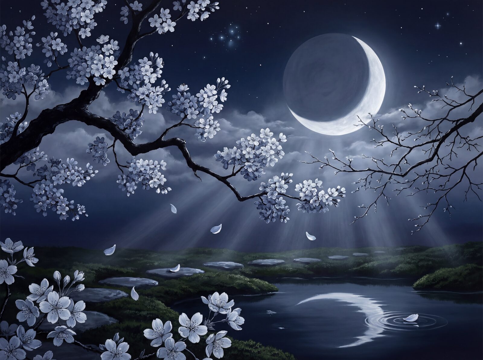 Scenic mural wallpaper in Moon Silver, Earthshine, and Blossom Glow. Made to order.