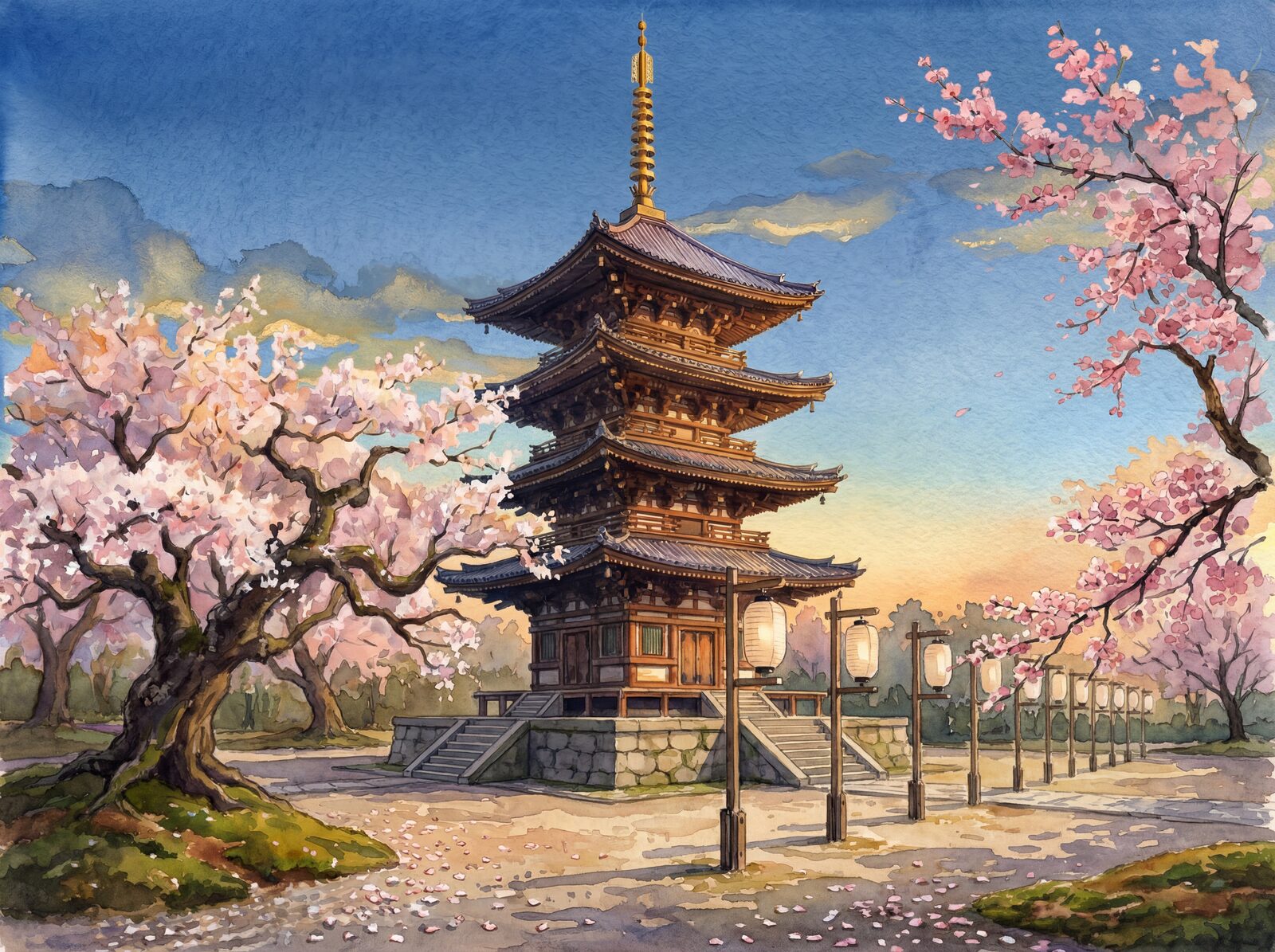 Scenic mural wallpaper featuring a 12th-century pagoda and cherry blossoms in shades of warm brown, amber, and pink. Made to order.