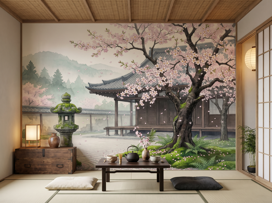 Cherry Blossom Temple scenic wallpaper mural on the feature wall of a chinoiserie study, in a warm neutral palette — The Wall Shawl.