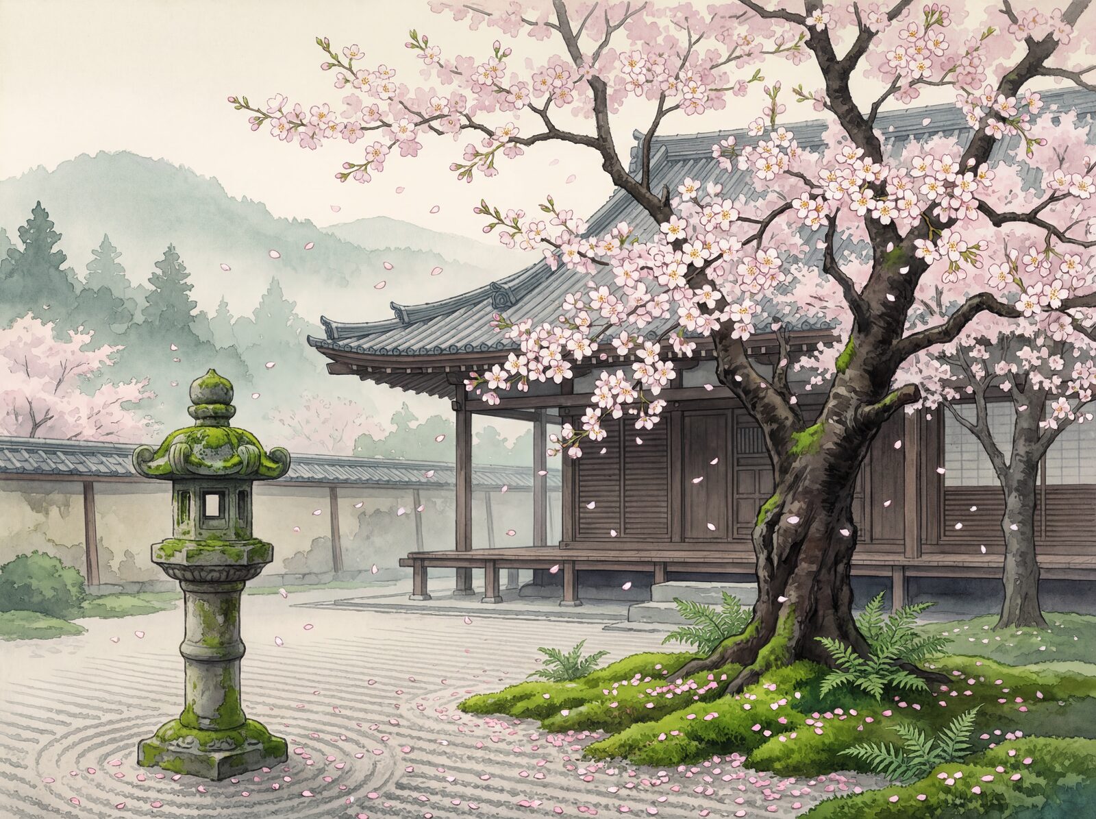 Sakura Blush, Petal White, and Temple Wood hues in a serene Kyoto scene. Made to order.