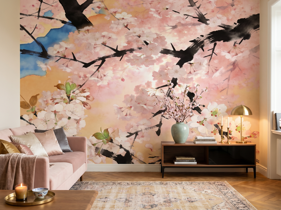 Cherry Blossom Watercolour scenic wallpaper mural on the feature wall of a chinoiserie bedroom, in a soft grey palette — The Wall Shawl.