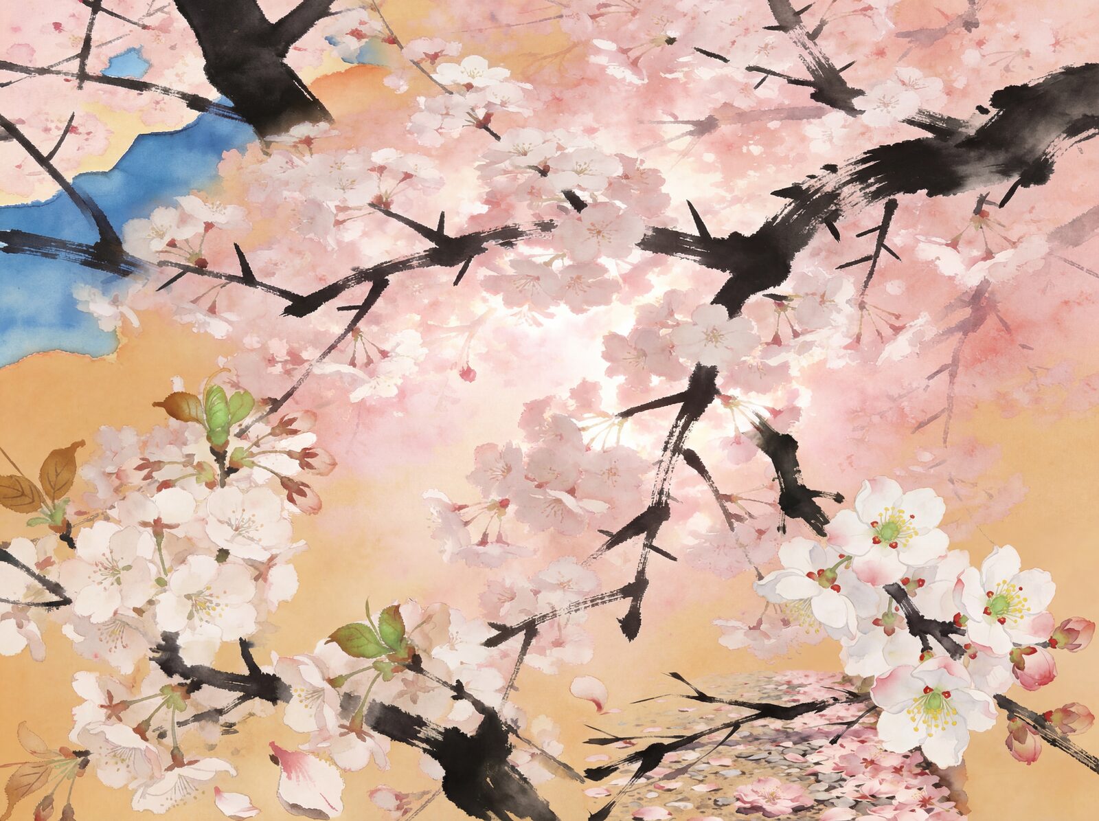 Experience the ephemeral beauty of cherry blossom in delicate watercolour. Soft pinks, greys, and hints of sky. Made to order.
