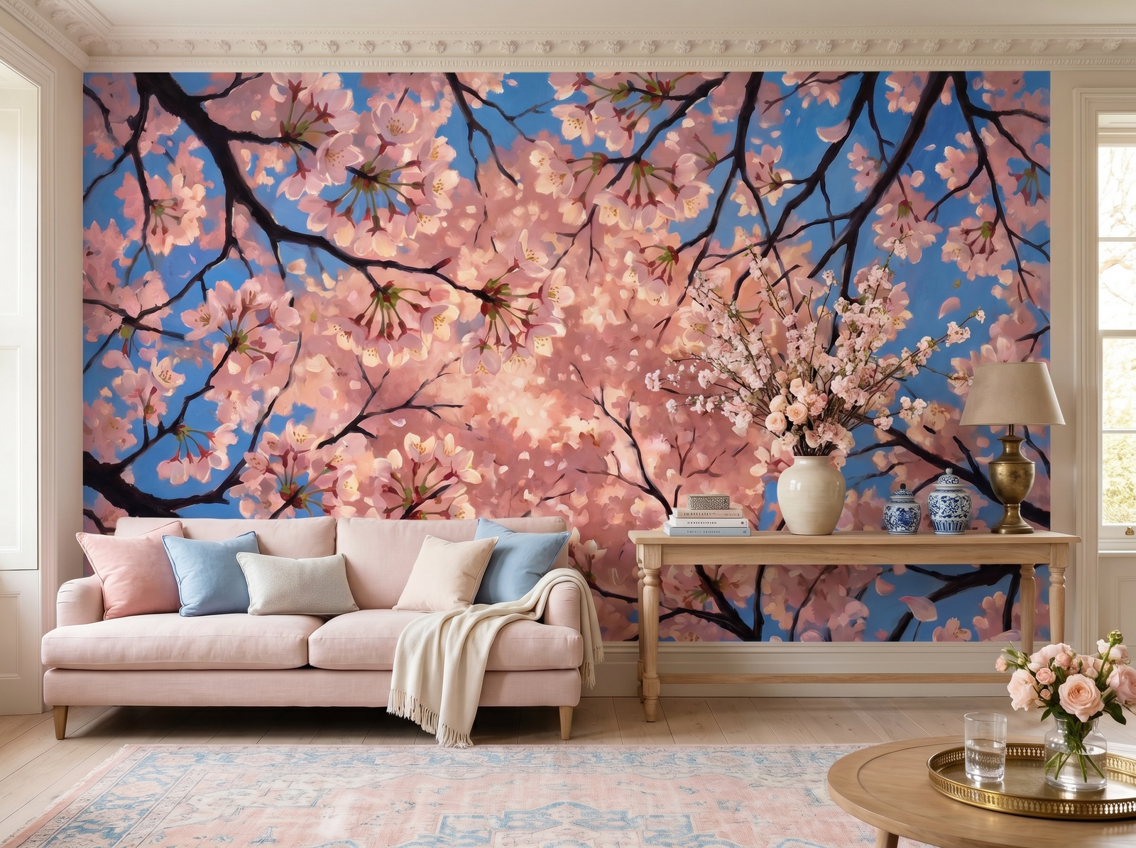 Cherry Canopy scenic wallpaper mural on the feature wall of a chinoiserie living room, in a soft pink-and-blush palette — The Wall Shawl.