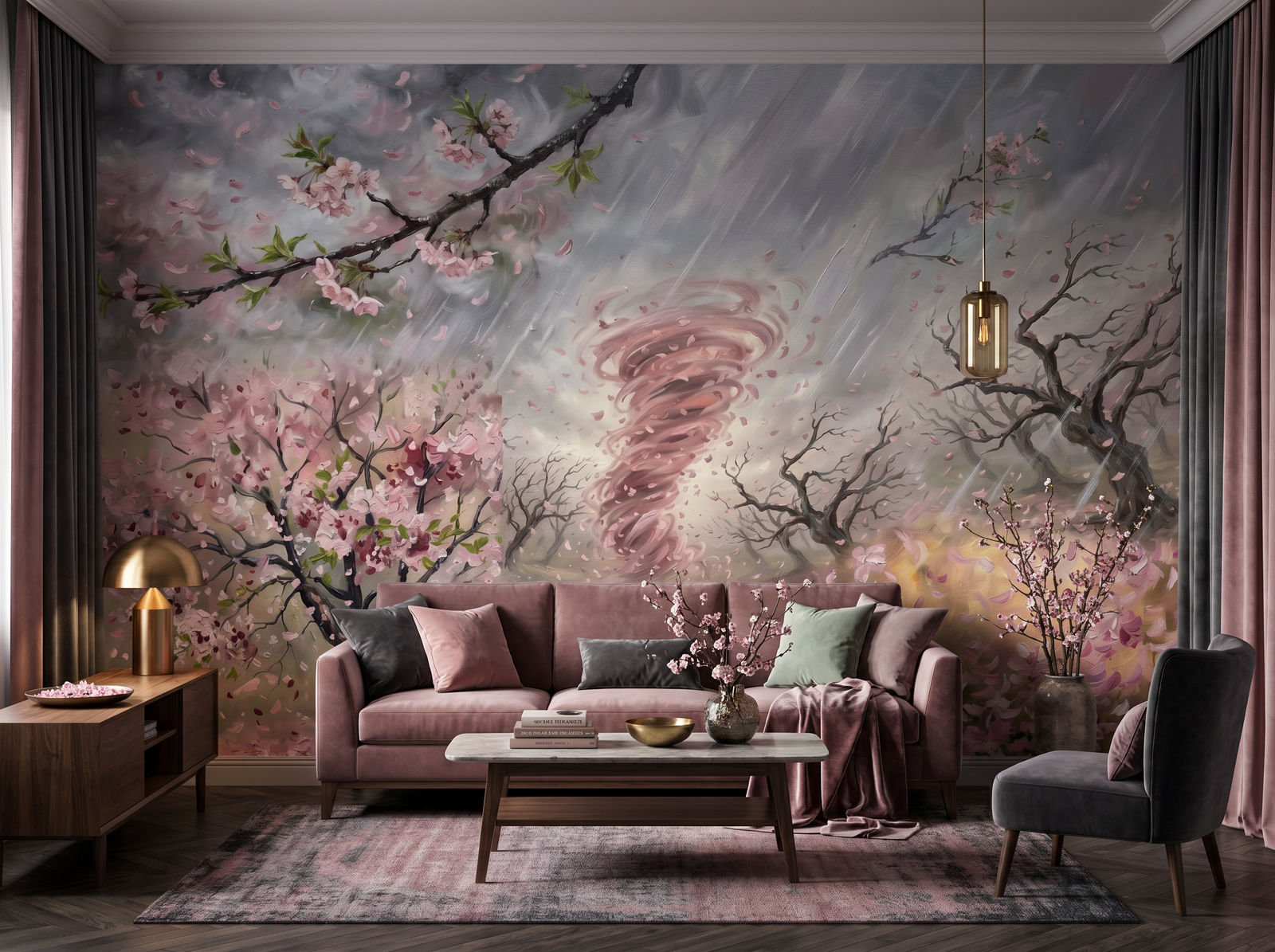 Cherry Rain scenic wallpaper mural on the feature wall of a chinoiserie living room, in a soft pink-and-blush palette — The Wall Shawl.