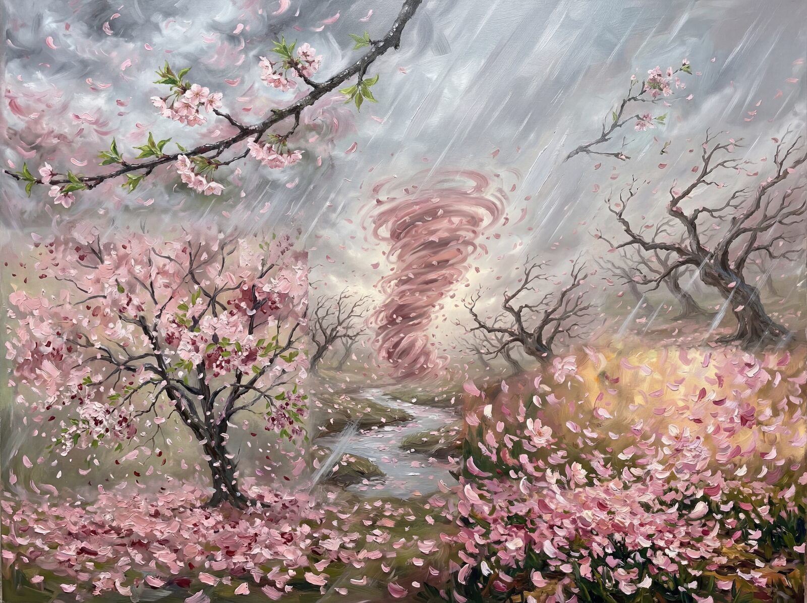 Immersive cherry blossom mural with Petal Storm, Branch Bare, and New Leaf hues. Made to order.
