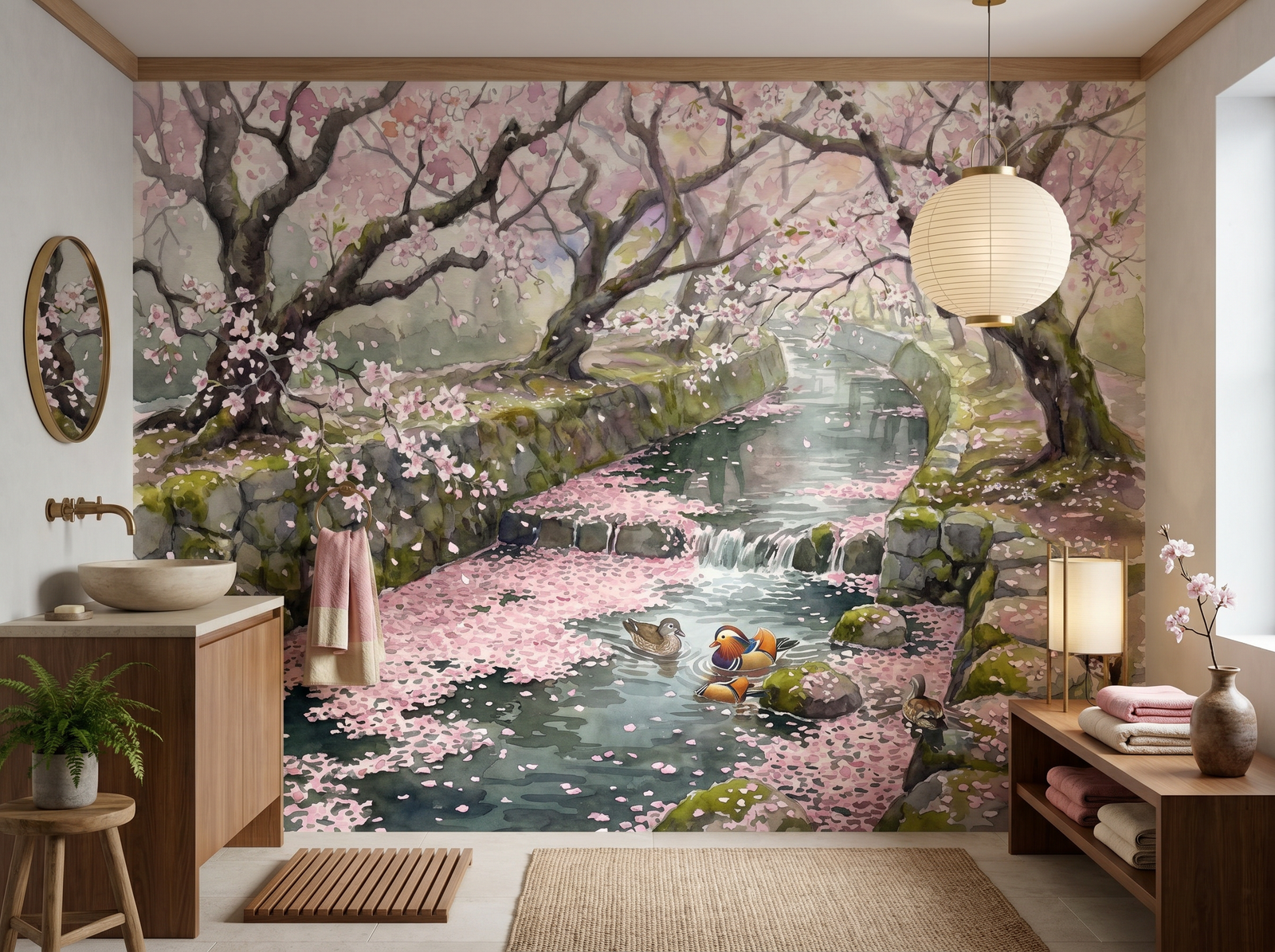 Cherry Stream scenic wallpaper mural on the feature wall of a chinoiserie bathroom, in a soft grey palette — The Wall Shawl.
