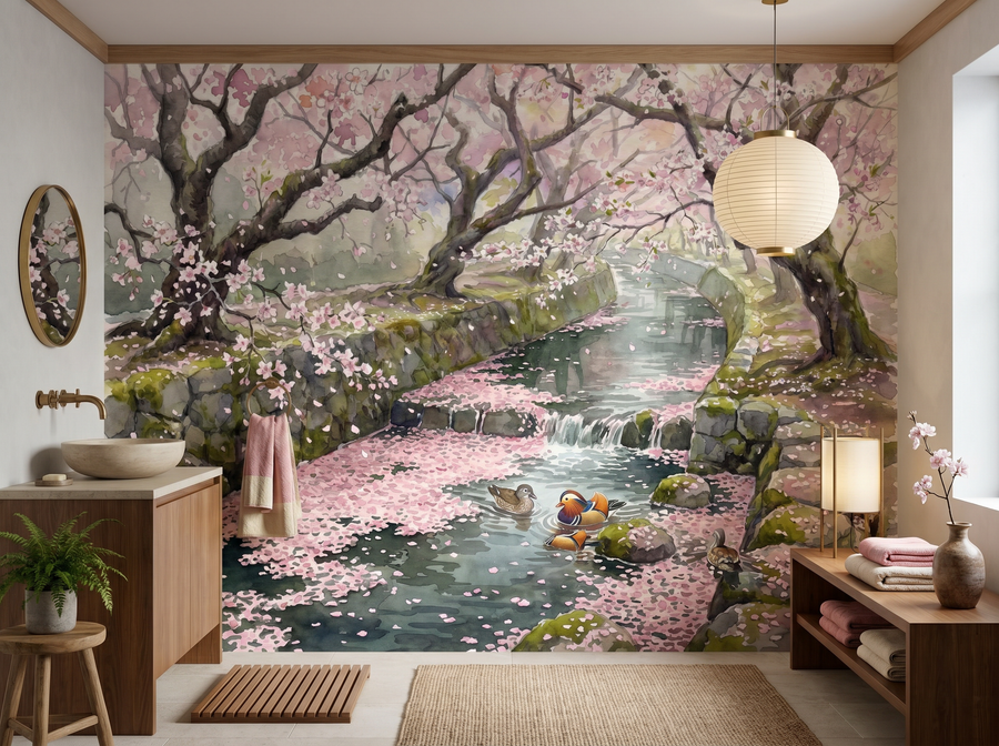 Cherry Stream scenic wallpaper mural on the feature wall of a chinoiserie bathroom, in a soft grey palette — The Wall Shawl.