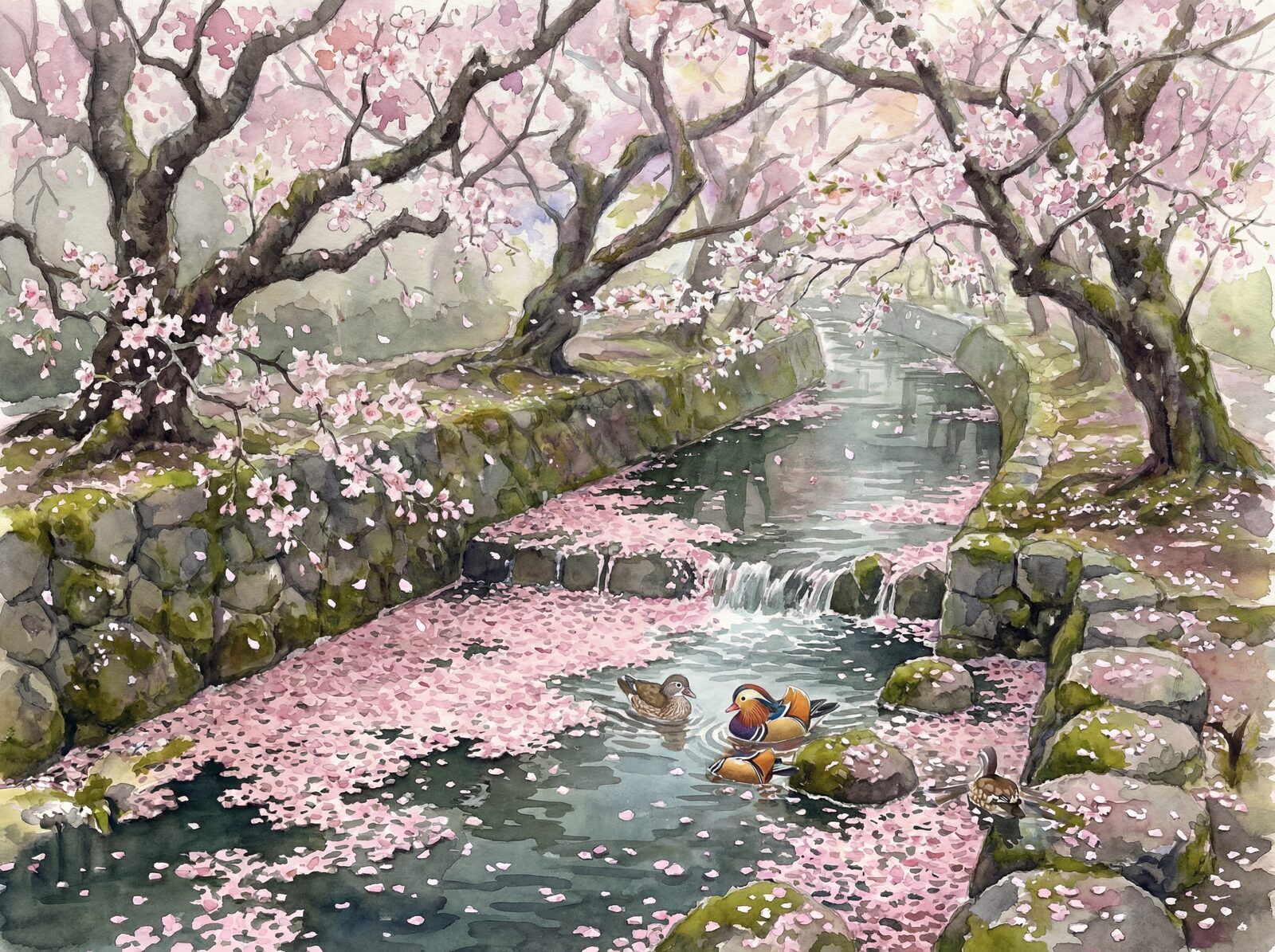 Scenic mural wallpaper featuring a serene cherry blossom stream with a warm pink and green palette. Made to order.