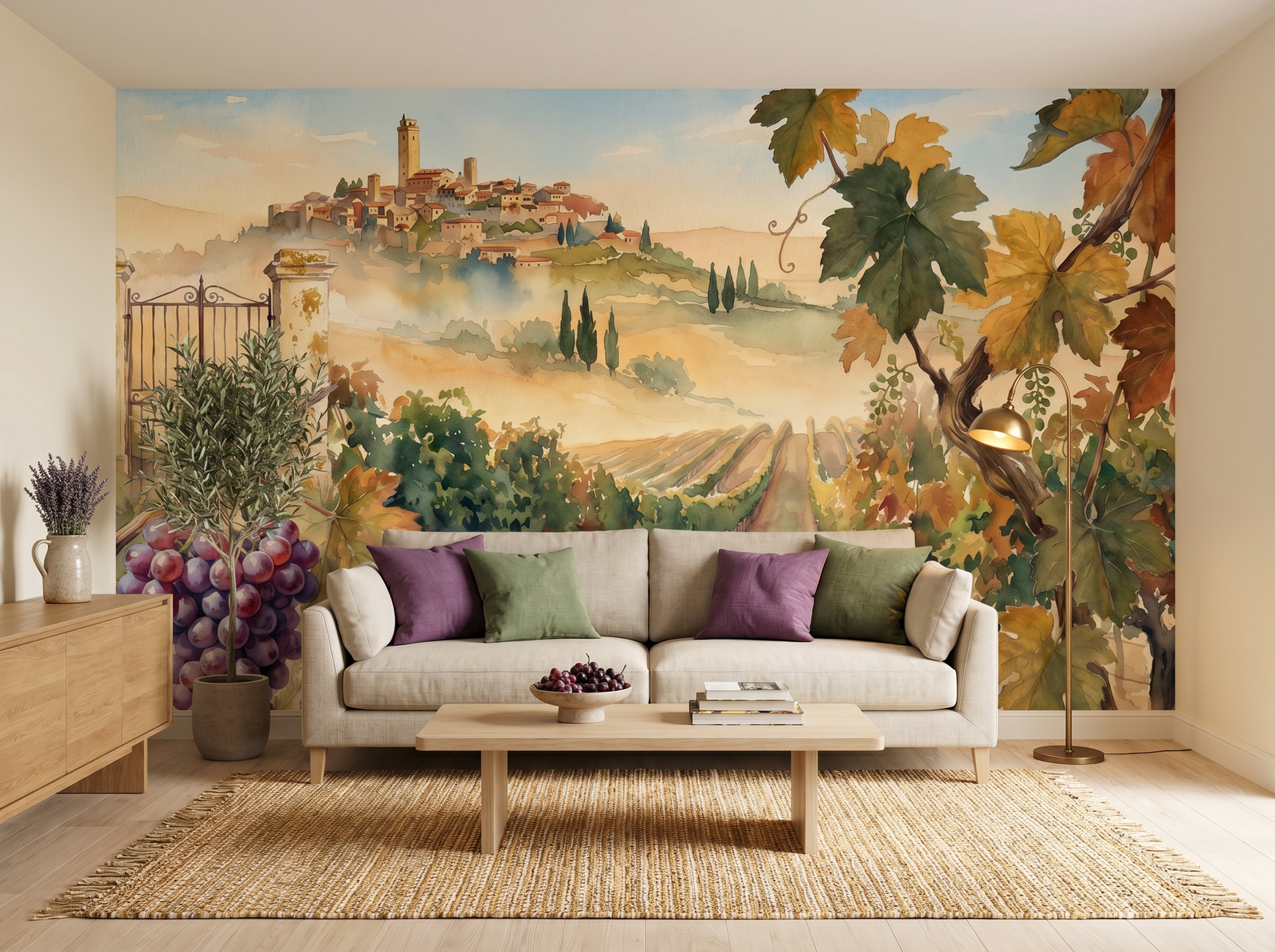 Chianti Vineyard scenic wallpaper mural on the feature wall of a Mediterranean dining room, in a soft grey palette — The Wall Shawl.