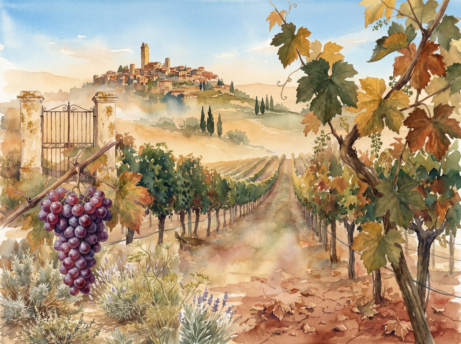 Scenic mural wallpaper featuring vineyard rows, medieval village, and warm palette. Made to order.