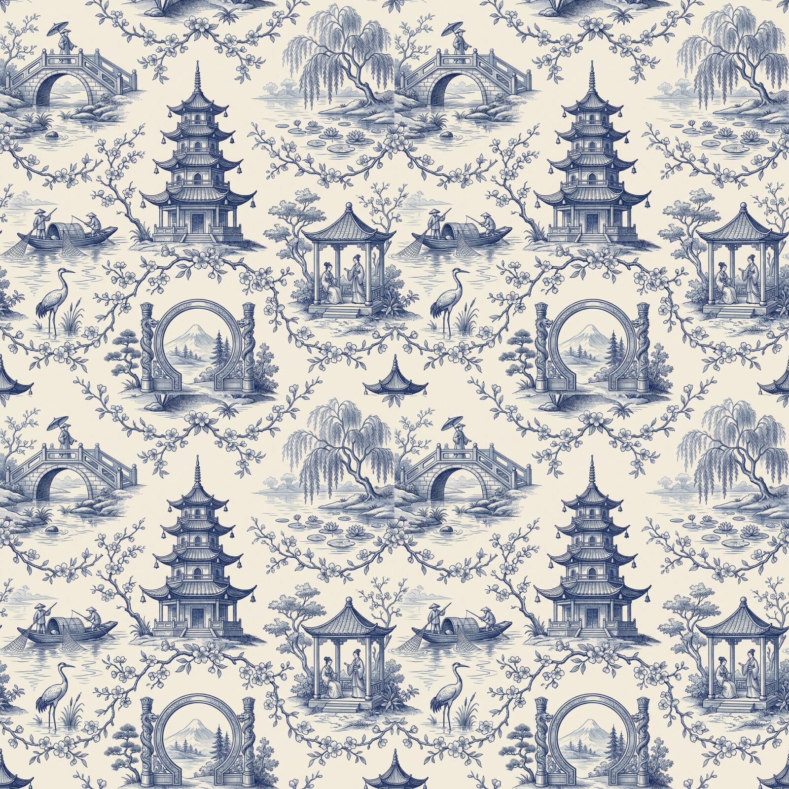 Step into a serene, ornamental Chinese garden in indigo and cream. This elegant, playful mural wallpaper is made to order for your space.