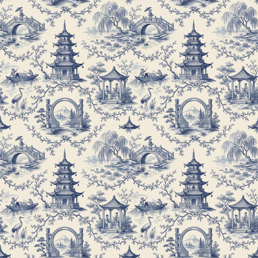 Step into a serene, ornamental Chinese garden in indigo and cream. This elegant, playful mural wallpaper is made to order for your space.
