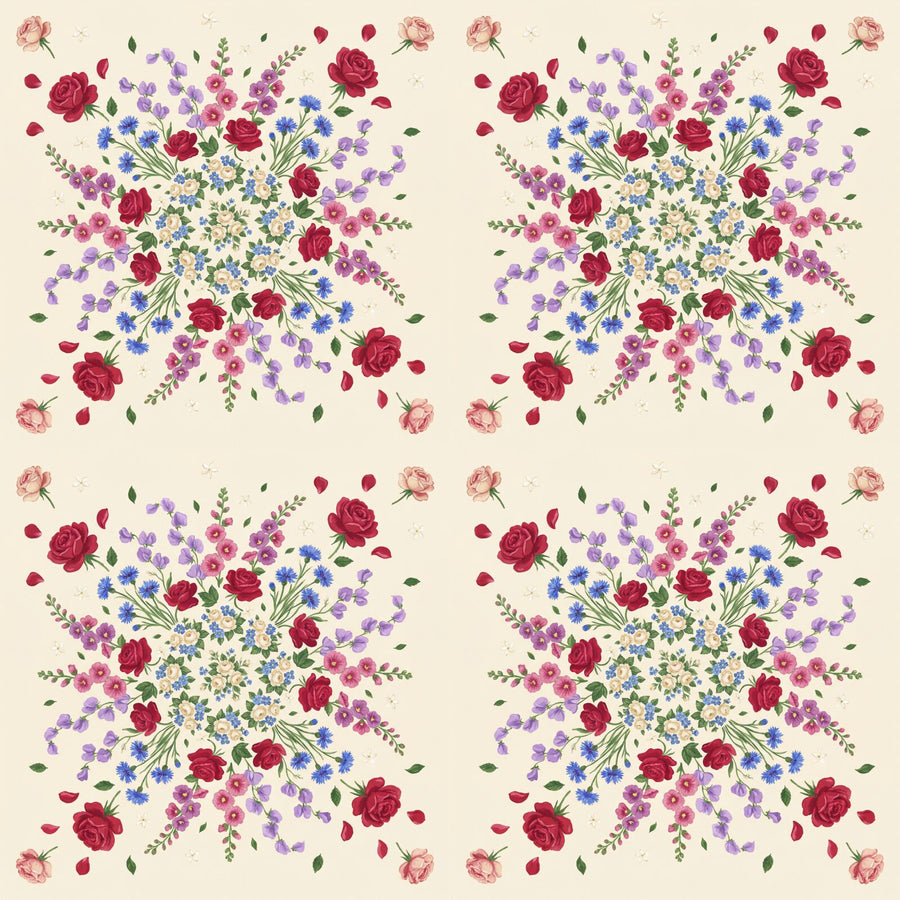 Experience an English country garden exploding in vibrant florals. Rose, pink, lilac on cream. Made to order.