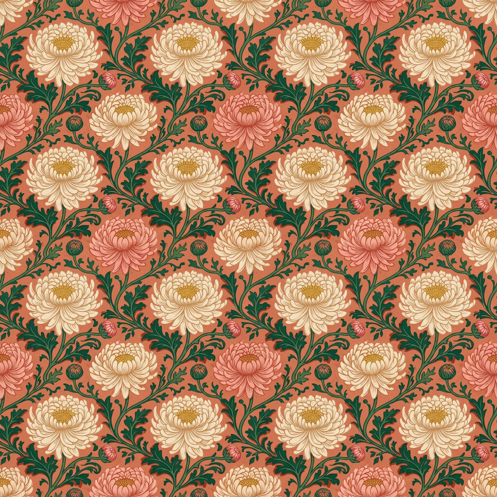 Bold chrysanthemum floral mural in vibrant coral, cream, and emerald tones. Made to order.