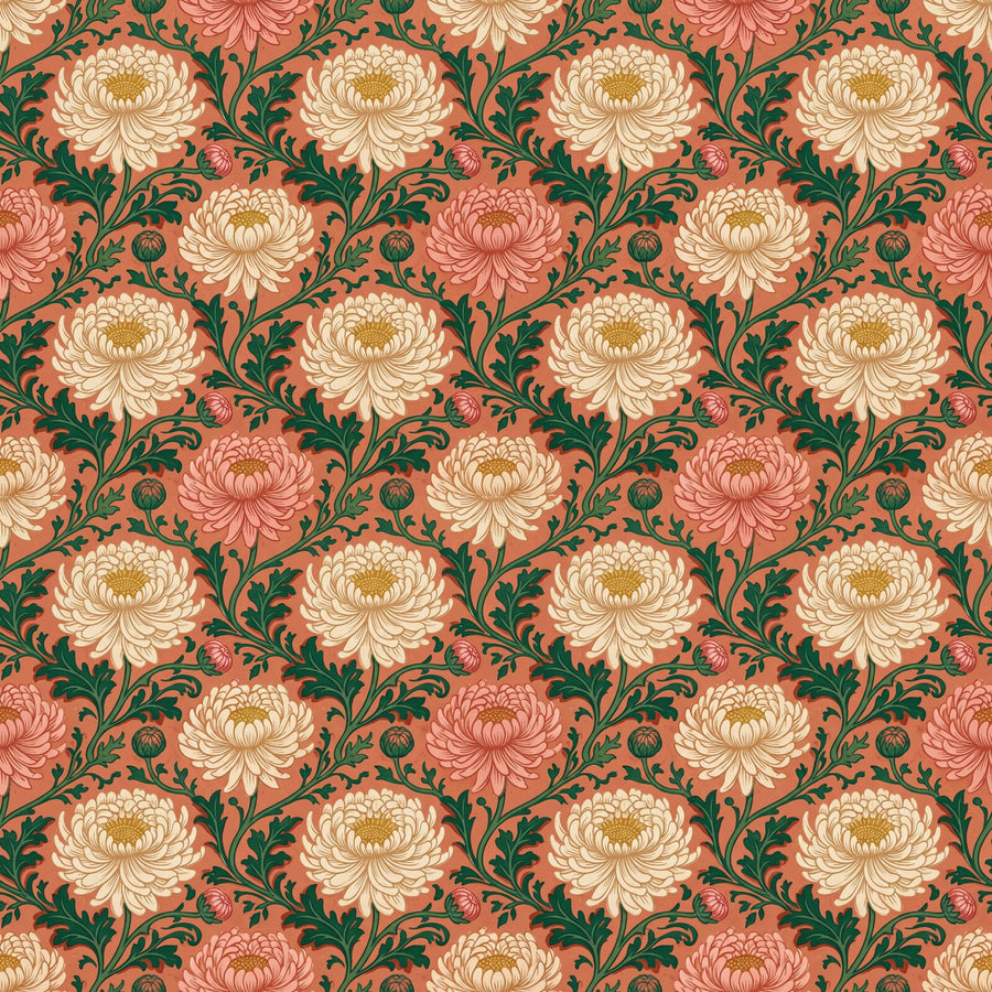 Bold chrysanthemum floral mural in vibrant coral, cream, and emerald tones. Made to order.