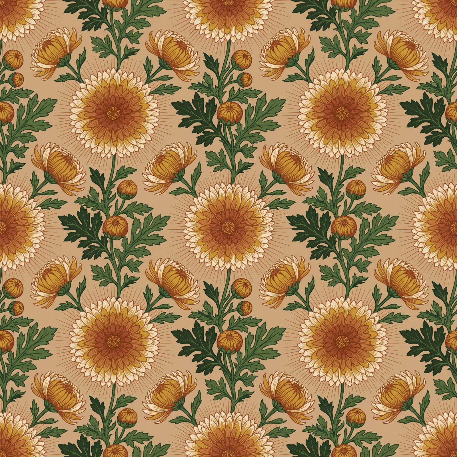 Our Chrysanthemum Court mural wallpaper, inspired by Morris's iconic design, features a radiant warm clay, gold, and green palette. Made to order.