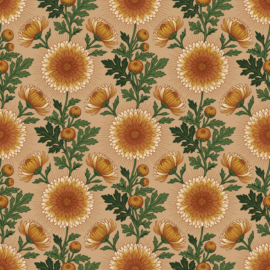 Our Chrysanthemum Court mural wallpaper, inspired by Morris's iconic design, features a radiant warm clay, gold, and green palette. Made to order.