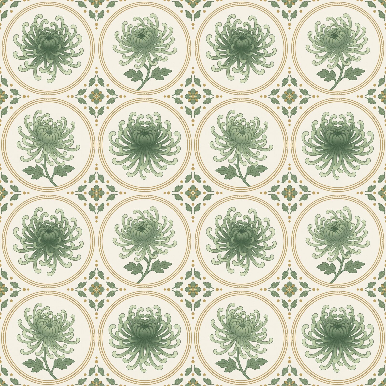 Experience the timeless elegance of our Chrysanthemum Roundel pattern. Celadon Green, Deep Sage, Roundel Gold, and Ivory Silk. Made to order.