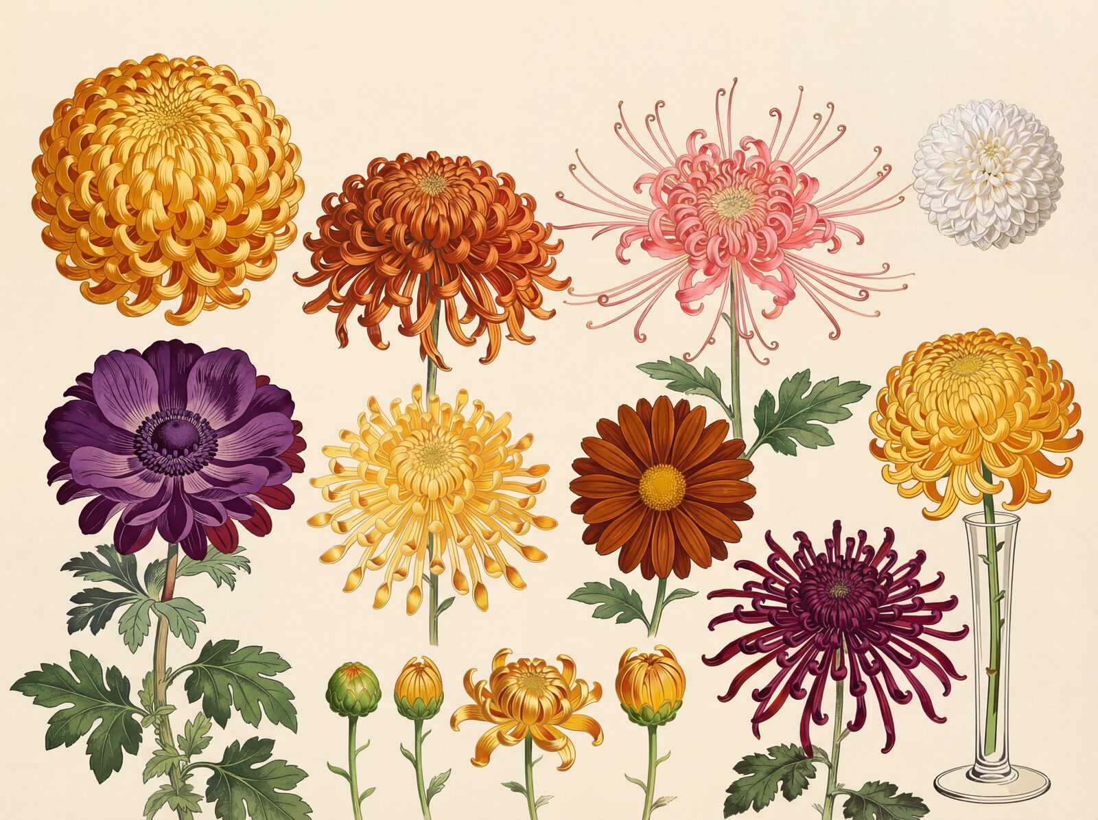 An exquisite display of chrysanthemum forms, from golden incurved to deep bronze reflexed. Autumnal tones. Made to order.