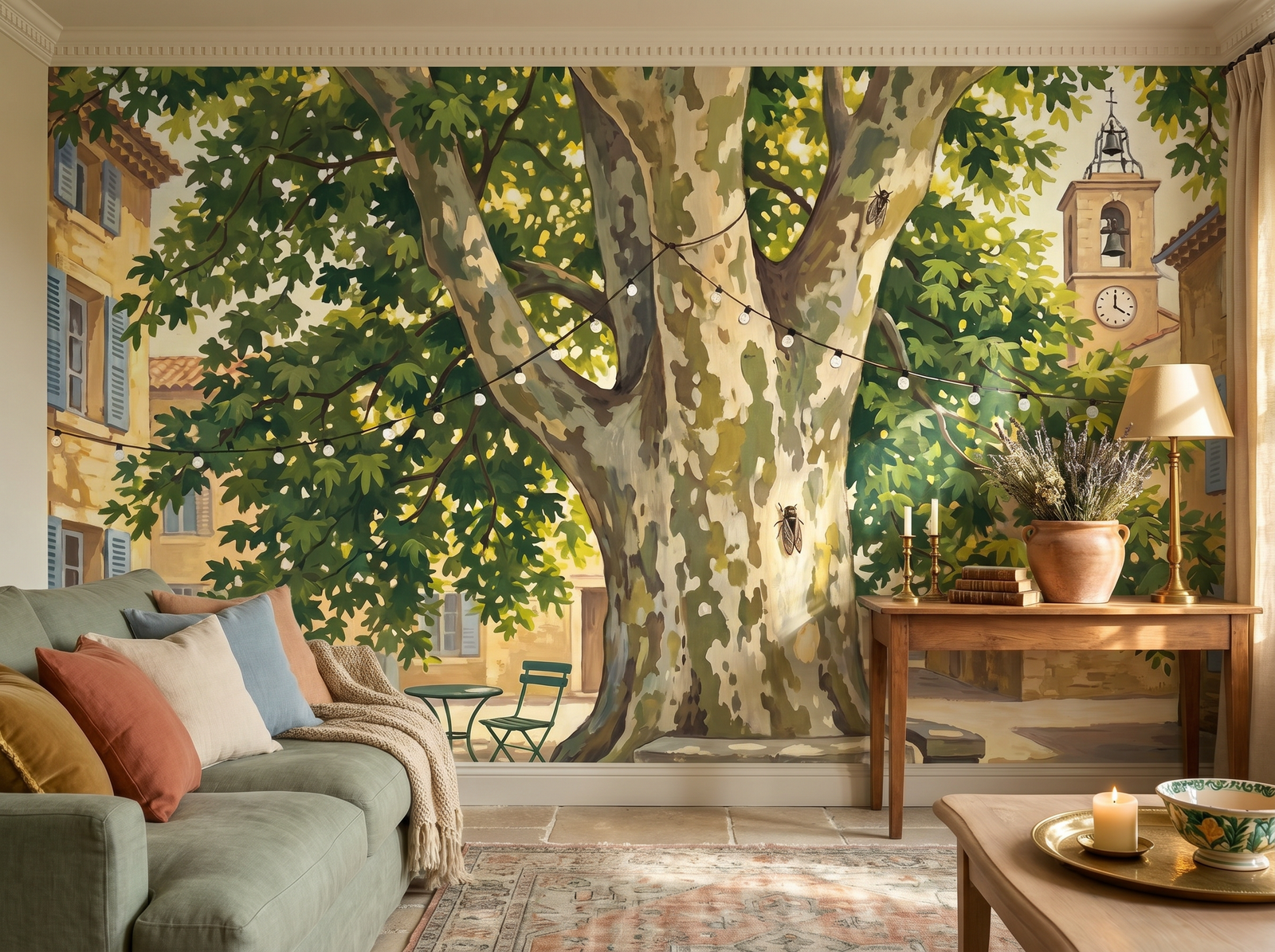Cicada Tree scenic wallpaper mural on the feature wall of an English-country dining room, in a soft grey palette — The Wall Shawl.